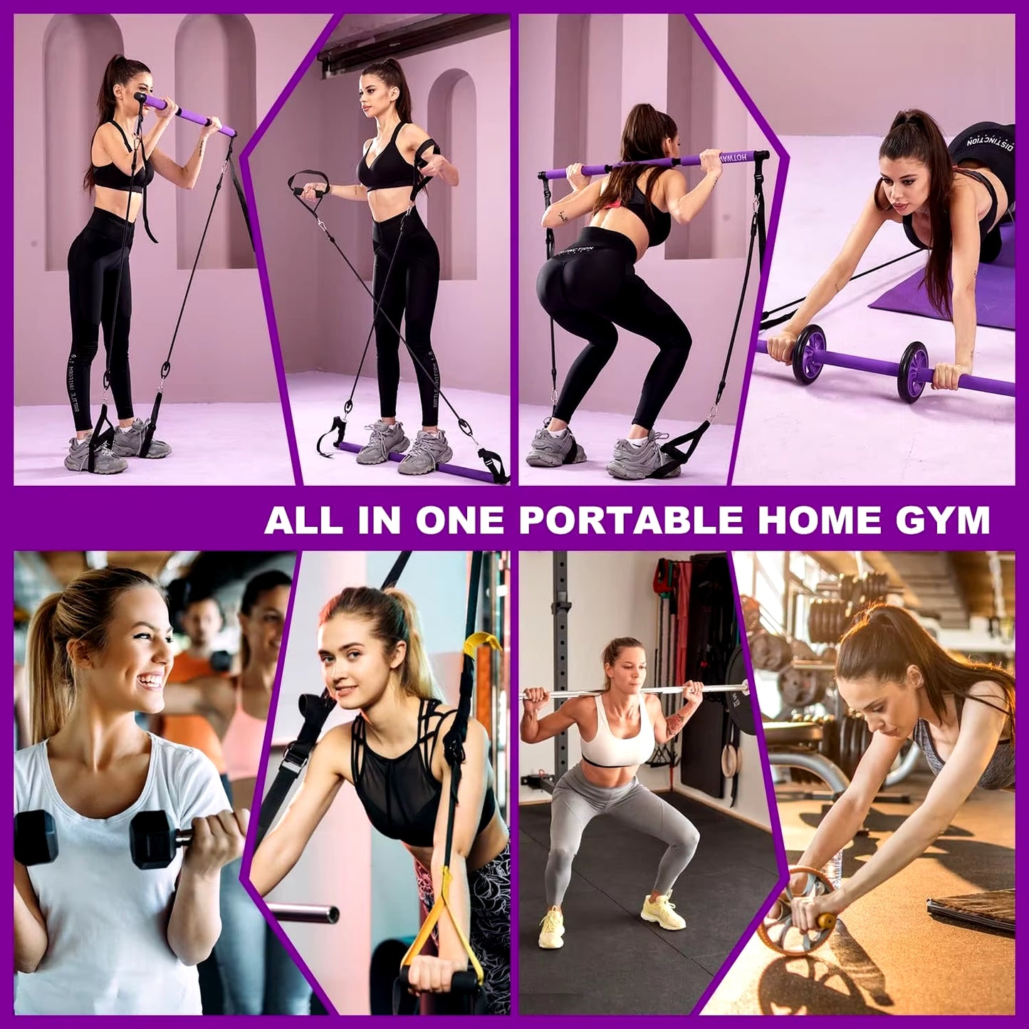 Fitness Pilates Bar Kit Resistance Bands with Ab Roller for Abs Workout Core Strength Training Equipment Portable Home Gym